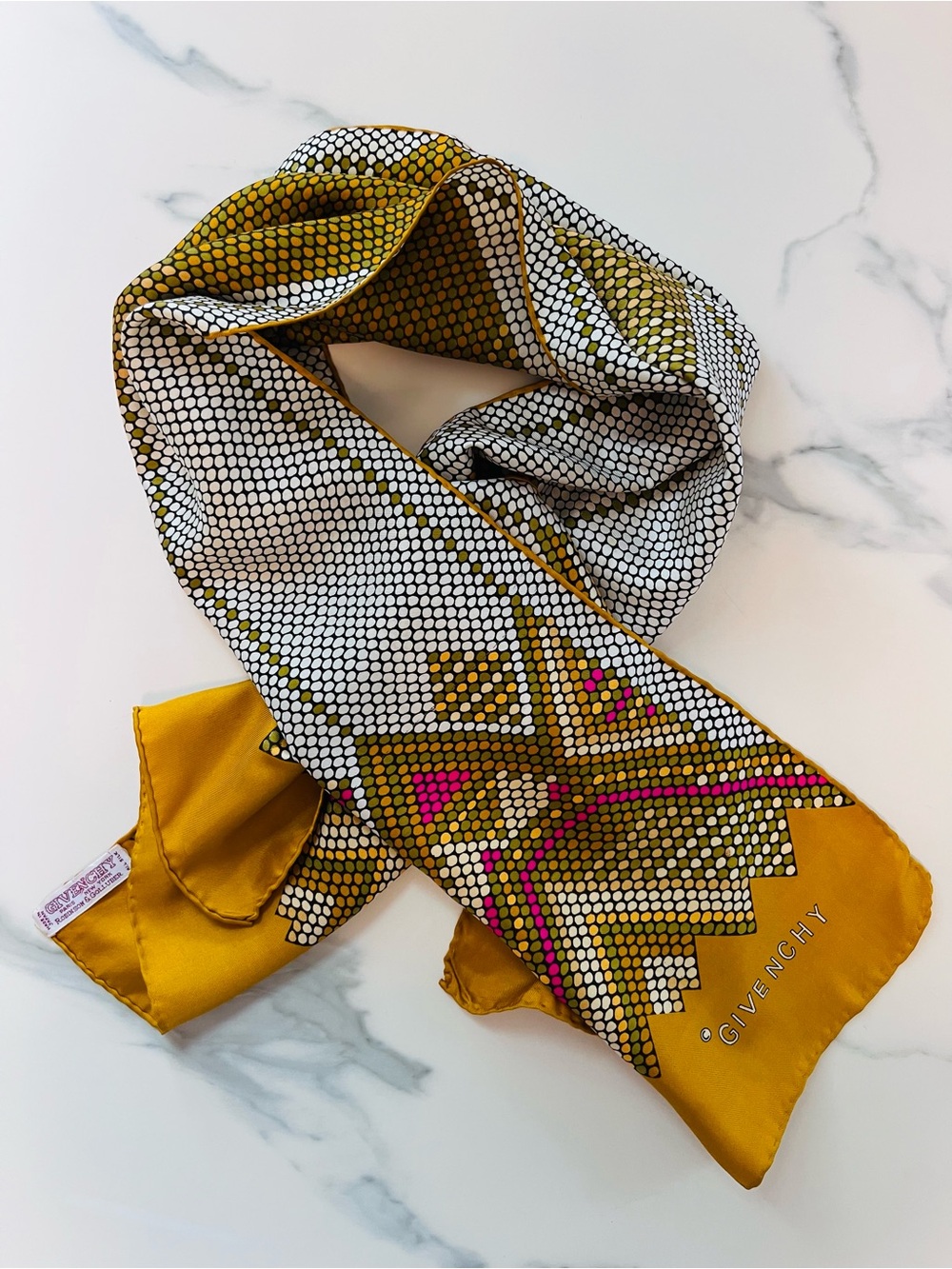 1970s/1980s Givenchy Vintage Marigold Yellow Geometric Silk Twill Oblong Scarf